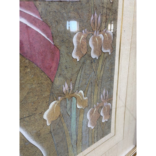 Mid 20th Century Mid 20th Century Elegant Framed Painting of Japanese Woman on Cork For Sale - Image 5 of 12