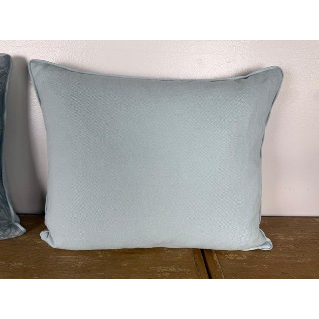 Pair of Elegant Designer Damask Pillows in Soft Blue Tones For Sale In Los Angeles - Image 6 of 6