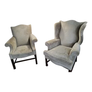1960s Pair of His and Hers Carved Wing Chairs