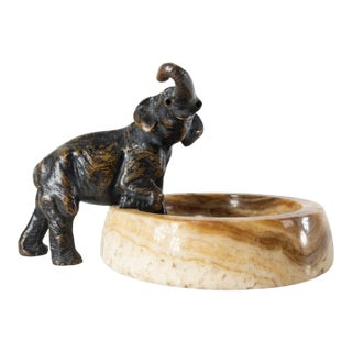 Austrian Vienna Bronze Elephant and Brown Onyx Ashtray For Sale