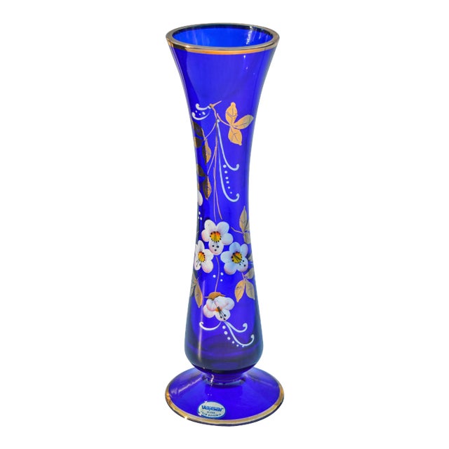 Antique Floral-Patterned Blue Glass Vase For Sale