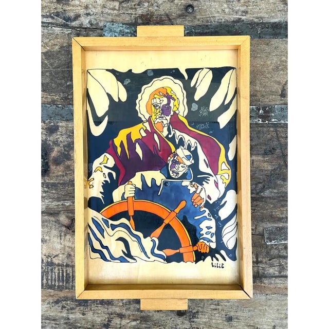 Wood Vintage Nautical Painted Wood Art Tray For Sale - Image 7 of 13