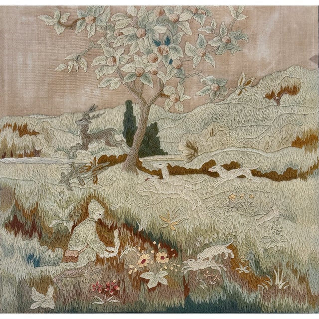 Mid 19th Century Antique English Pastoral Woolwork Embroidery With Stag, Hounds and Rabbit, 19th Century For Sale - Image 5 of 18