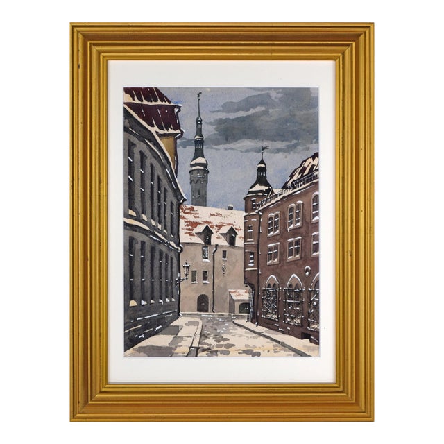 Vintage European Winter Architectural Cityscape Watercolor Painting C. 1930s For Sale