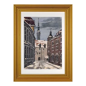 Vintage European Winter Architectural Cityscape Watercolor Painting C. 1930s
