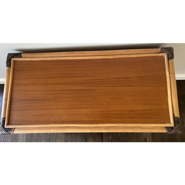 A British colonial style storage trunk or chest. Has a bamboo frame with mixed rattan panels in the boho chic, Jacques...
