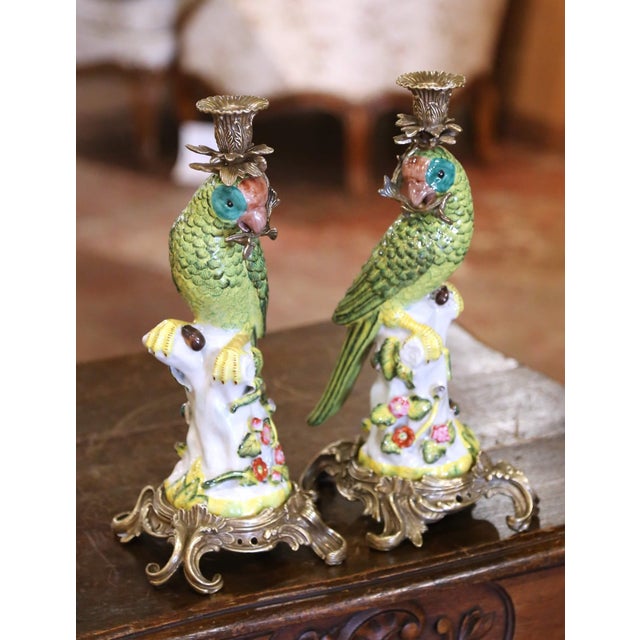 Mid 20th Century Mid-Century Chinese Export Porcelain Parrot Candlesticks on Gilt Bronze Bases For Sale - Image 5 of 10