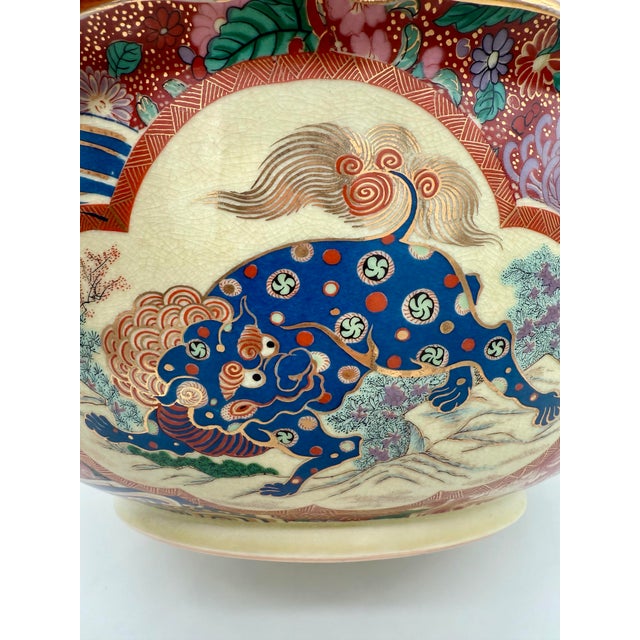 Ceramic Large Meiji Satsuma-Style Centerpiece Bowl With Shishi Lion-Dog & Figural Panels, C. 1890 For Sale - Image 7 of 11