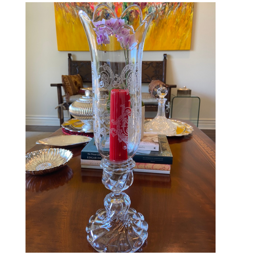 Baccarat Crystal Etched Hurricane Shade Candlestick with Shade - 2