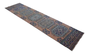 1970s Distressed Oushak Runner Rug Beaver Color Geometric Hallway Decor