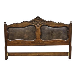 Vintage French Country Provincial Oak Wood Upholstered Panel King Bed Headboard For Sale