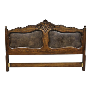 Vintage French Country Provincial Oak Wood Upholstered Panel King Bed Headboard