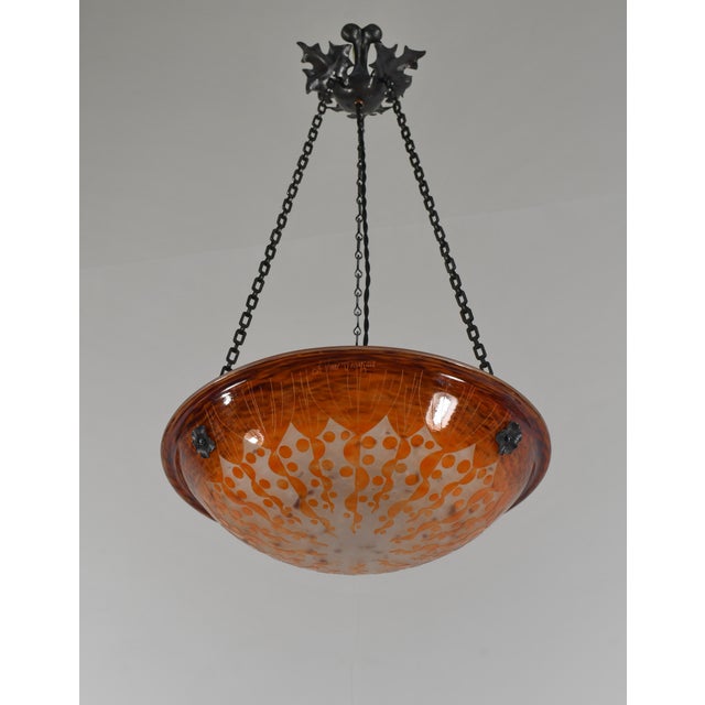 Charles Schneider - Le Verre Français A wonderful French art deco hanging fixture in wrought iron with a nice Schneider Le...