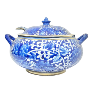 1990s Vintage Porcelain Jasmin Flowers Blue, White & Gold Soup Tureen Lid & Ladle