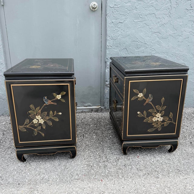 Mid 20th Century Vintage Cantonese Black Lacquered Hand Painted Nightstands - A Pair For Sale - Image 5 of 11
