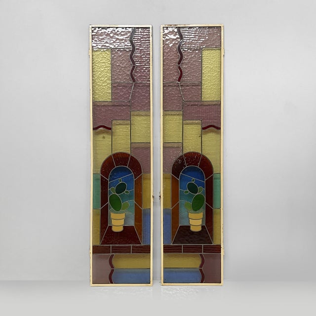 Italian liberty cactus stained-glass windows, 1910s Pair of rectangular stained-glass panels with light-colored frames,...