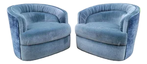 Mid Century Modern Milo Baughman Style Barrel Back Swivel Lounge Chairs Newly Reupholstered - Pair