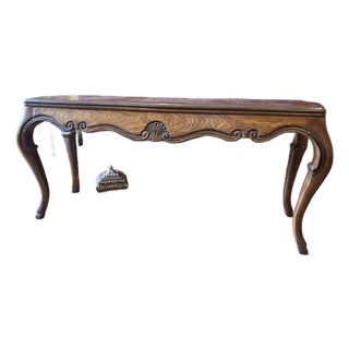 1940s Heritage Furniture Walnut Console Table With Matching Upholstered Settee For Sale