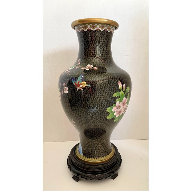 Vintage Chinese Cloisonné Enamel Vase With Cherry Blossoms, Bird & Butterfly For Sale - Image 11 of 12