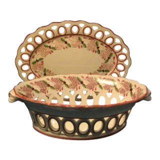 1810 Century English Regency Creamware Chestnut Basket & Undertray - A Pair For Sale