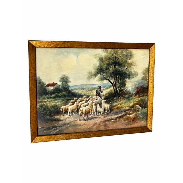 A shepherd leads a flock of sheep along a country path in this inviting pastoral landscape. A white cottage with a red...