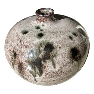 Beige Glossy Glazed Studio Ceramic Vase with Olive-Green Splashes from Serocka, Germany, 1970s For Sale
