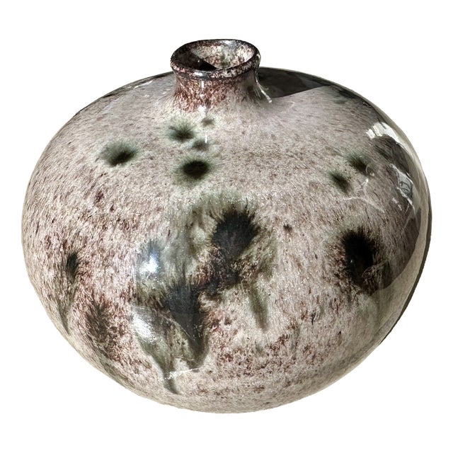 Beige Glossy Glazed Studio Ceramic Vase with Olive-Green Splashes from Serocka, Germany, 1970s For Sale