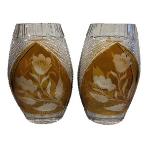 Vintage 1960s Julia Cut Crystal Amber Vases - A Pair