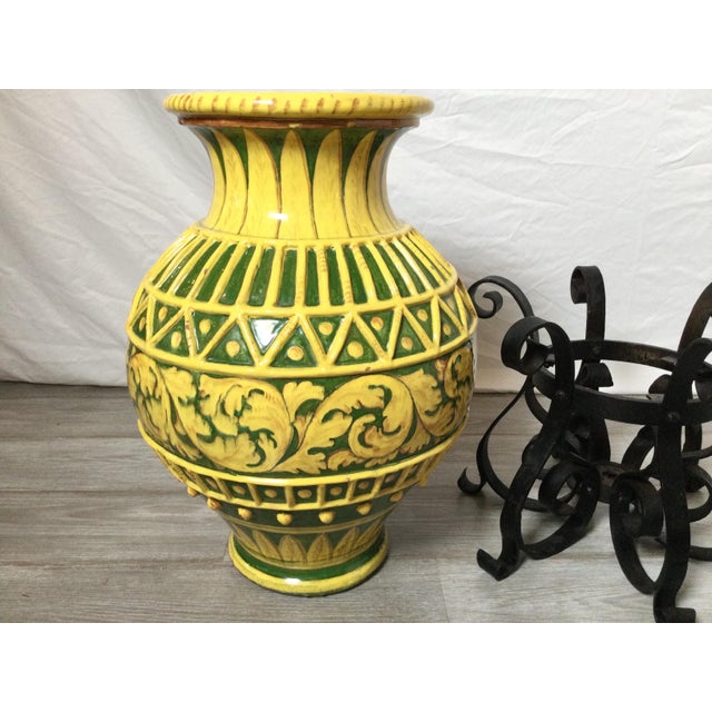 Metal Large Yellow Tin Glazed Earthen Ware Pot on Stand For Sale - Image 7 of 11