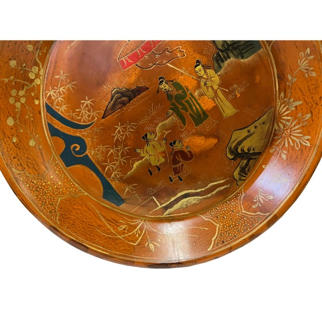 2010s Chinoiseries Golden Graphic Brown Lacquer Round Display Disc Plate Tray For Sale - Image 5 of 5