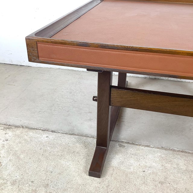 Wood Vintage Studio-Made Square End Table With Cognac Leather Inset Top & Architectural Trestle Base, Mid-Century For Sale - Image 7 of 18