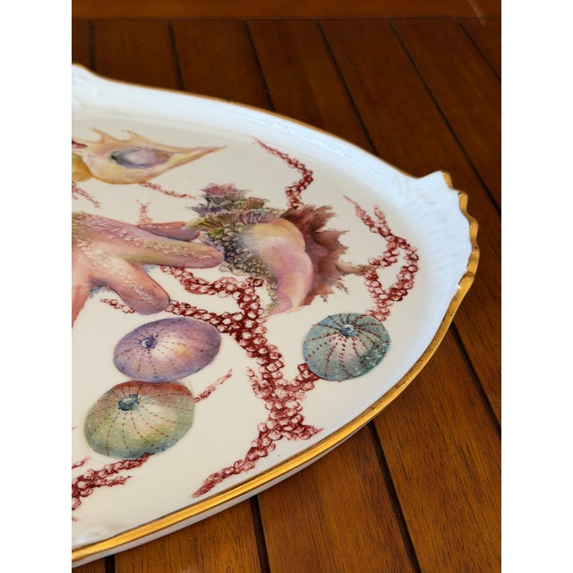 A charming hand-painted porcelain tray by artist Carol Psches featuring an elegant arrangement of seashells, coral,...