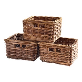 Small Vintage Storage Baskets With Built-in Pull — Set of 3 For Sale