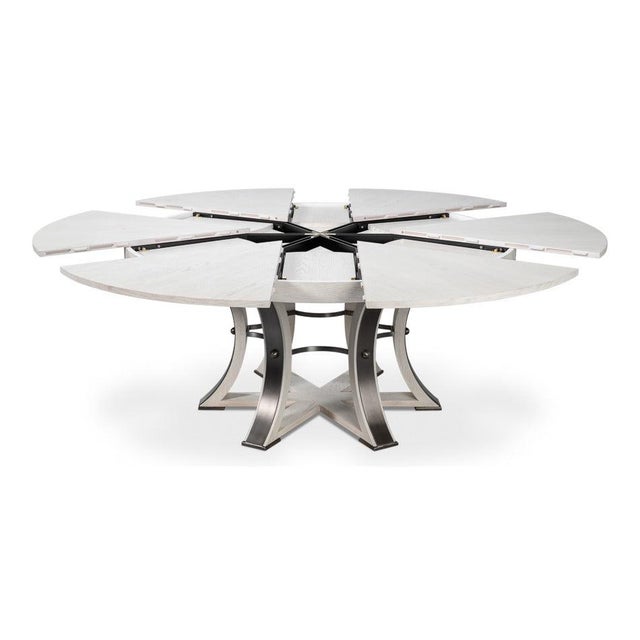 Transitional Round Dining Table, Large - White Oak With Hammered Iron Base For Sale - Image 4 of 11