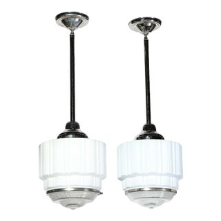 Machine Age Art Deco Skyscraper Milk Glass Pendants with Nickel Fittings - A Pair For Sale