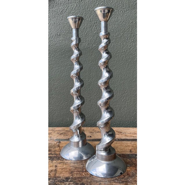 Silver Vintage Spiral Aluminum Candle Holders - A Pair For Sale - Image 8 of 12