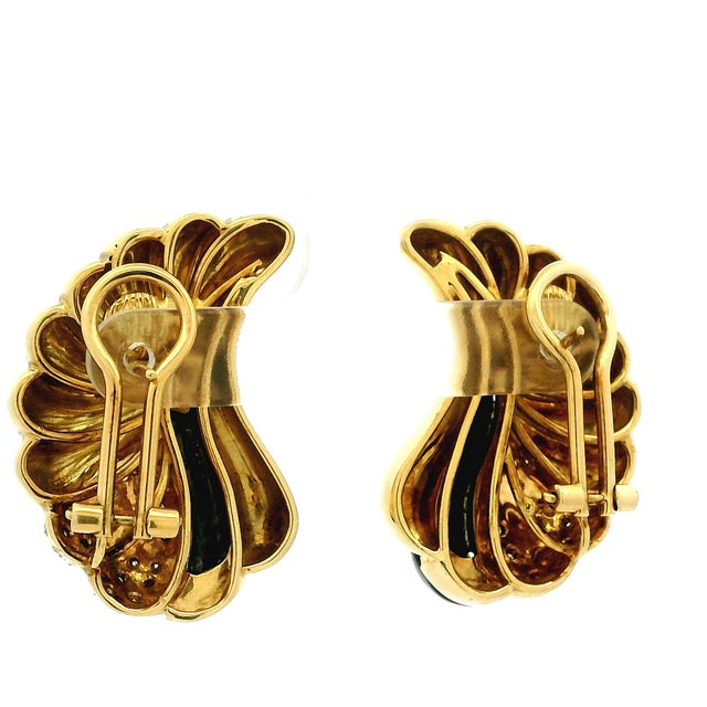 Vintage 18k Gold Diamond & Onyx Sculptural Clip Earrings, A Pair For Sale - Image 4 of 10