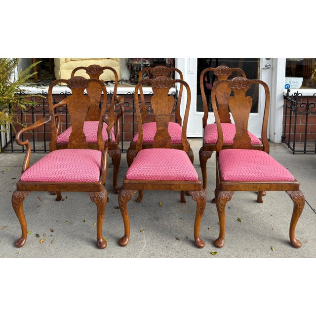 Set of 6 Antique 19C Queen Anne Style Carved Burl Walnut Dining Chairs. 2 arm chairs and 4 side chairs.