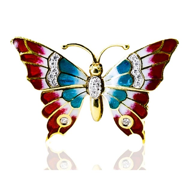 18K Plique De Jour Butterfly, 0.13 carats of diamonds and 0.08 crats of sapphires. 6.78 grams