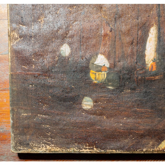 Early 20th Century Distressed Harbor Scene Painting With Figure For Sale - Image 10 of 12
