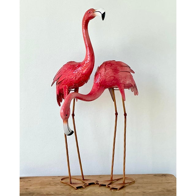 Folk Art Vintage Boho Painted Metal Flamingos - Set of 2 For Sale - Image 3 of 12