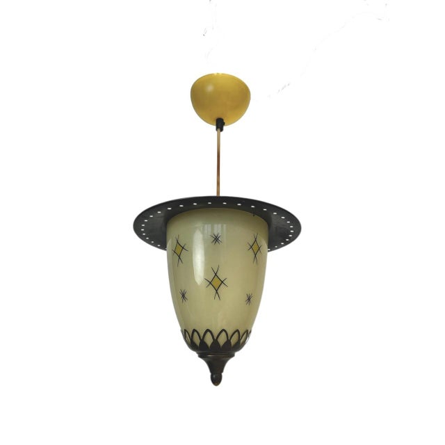 Charming Mid-Century Lantern Shaped Pendant lamp. This authentic lamp has a black “hat” with a pattern of small round...