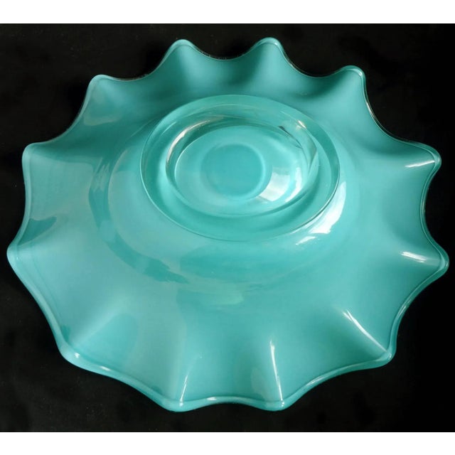 Glass Vintage Murano Jade Green Gold Flecks Italian Art Glass Large Ruffle Rim Footed Centerpiece Bowl For Sale - Image 7 of 7