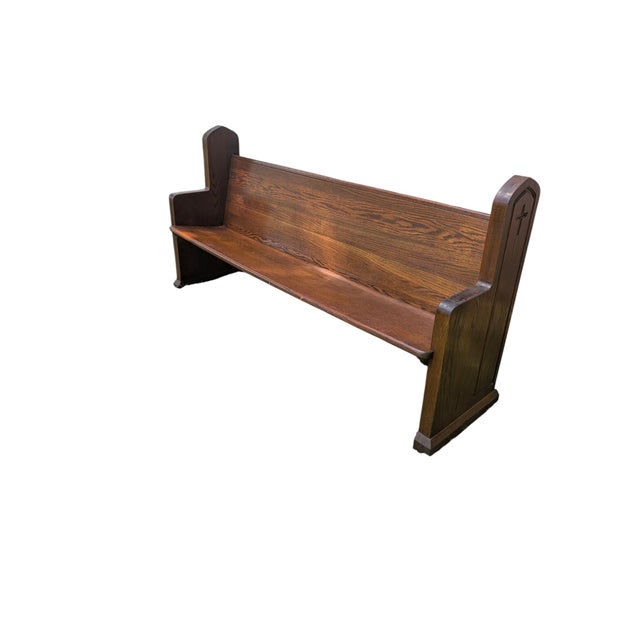 Mid 20th Century Carved Solid Oak Church Pew Bench With Cross Details – 75" For Sale - Image 17 of 17