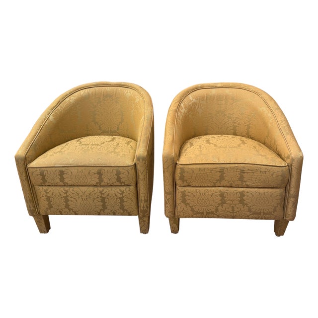 Barrel Back Tub Chairs in Woven Silk Damask, 1950s, Set of 2 For Sale