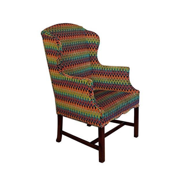 Wood Vintage Wingback Armchair With Custom Hamilton Upholstery For Sale - Image 7 of 12