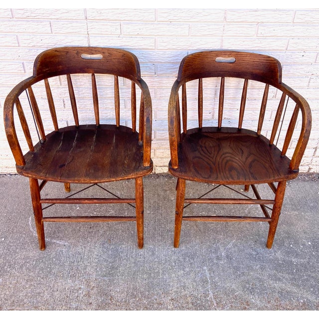 Antique Oak Barrel Back Pub Captains Chairs Pair Chairish