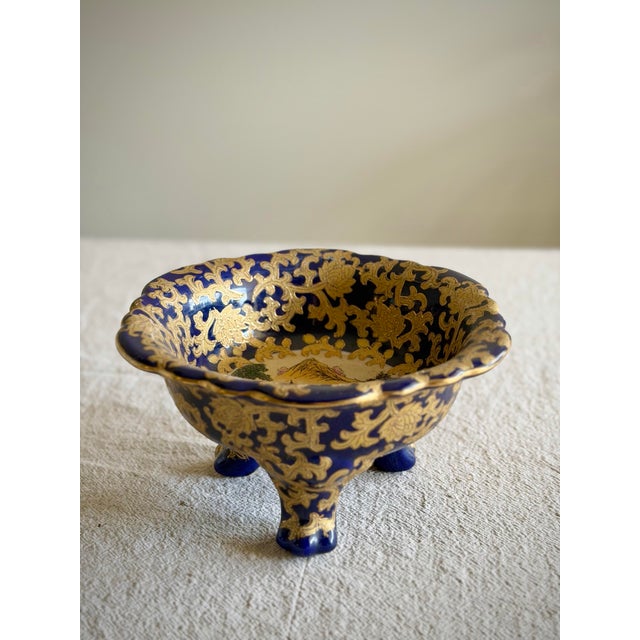 Antique Chinese Three Footed Porcelain Bowl, Cobalt and Gilt Chinoiserie Fox Hunt Scene, Qianlong Style For Sale - Image 4 of 11