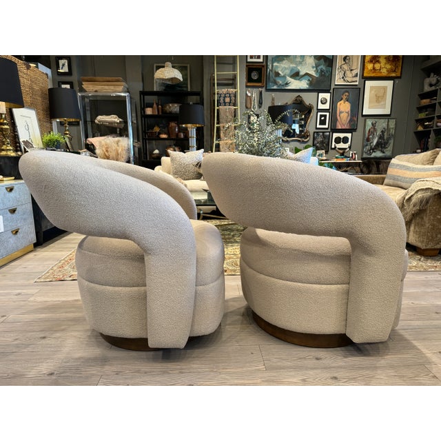 2020s Custom MCM Style Swivel Chairs in Oatmeal Boucle - a Pair For Sale - Image 5 of 11