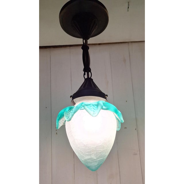 1920s Antique Art Deco Ceiling Lamp in Frosted Glass and Brass, 1920s For Sale - Image 5 of 8